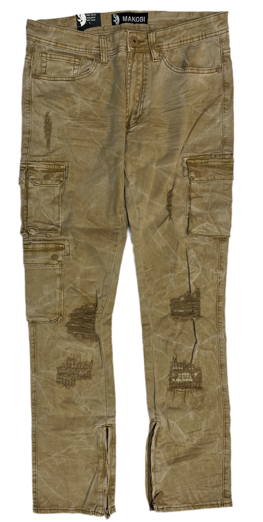Makobi Tan Cargo Distressed Jeans
